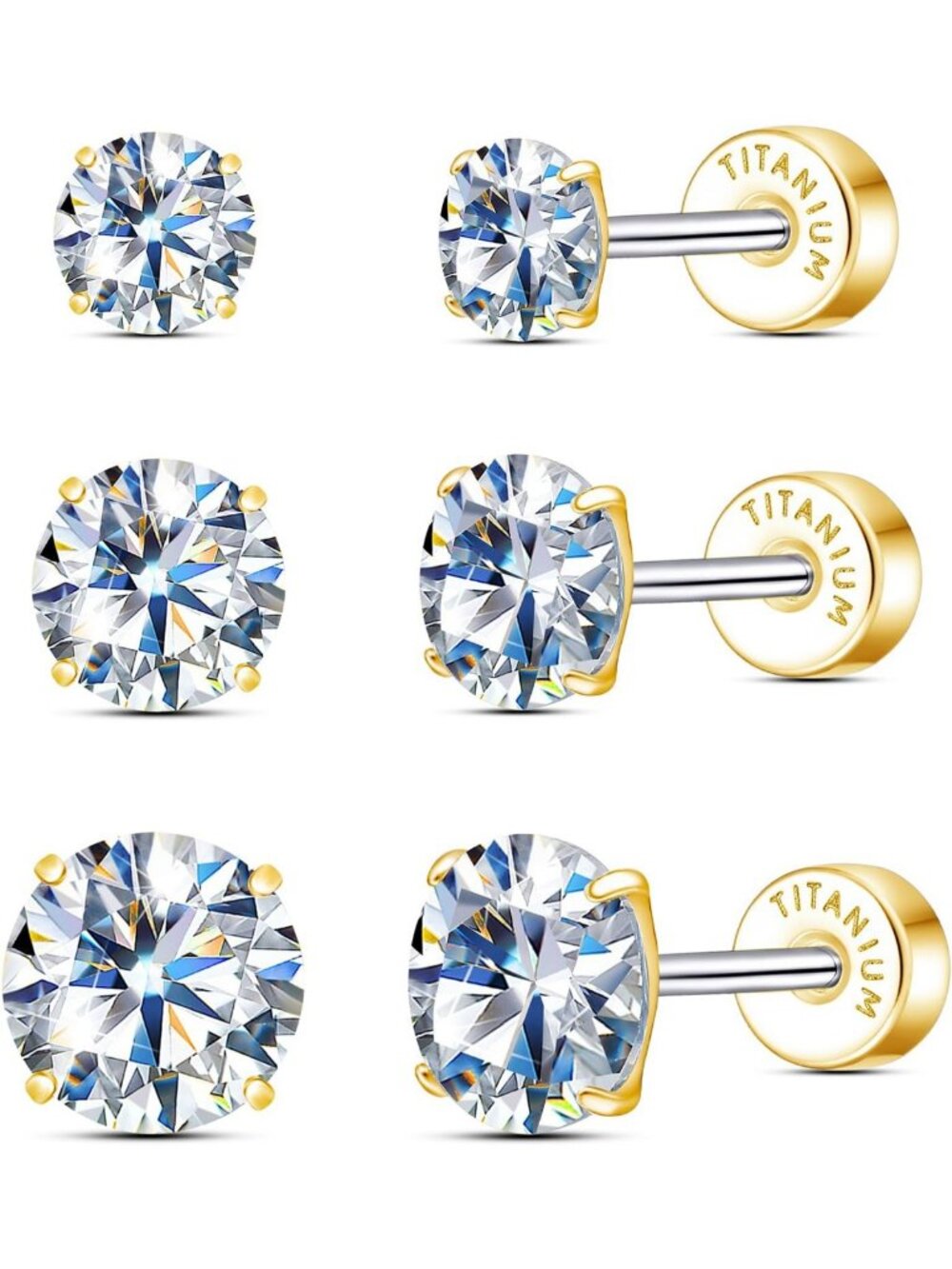 Elegant Moissanite Stud Earrings - 3 Pairs Titanium Screw Back Jewelry Set